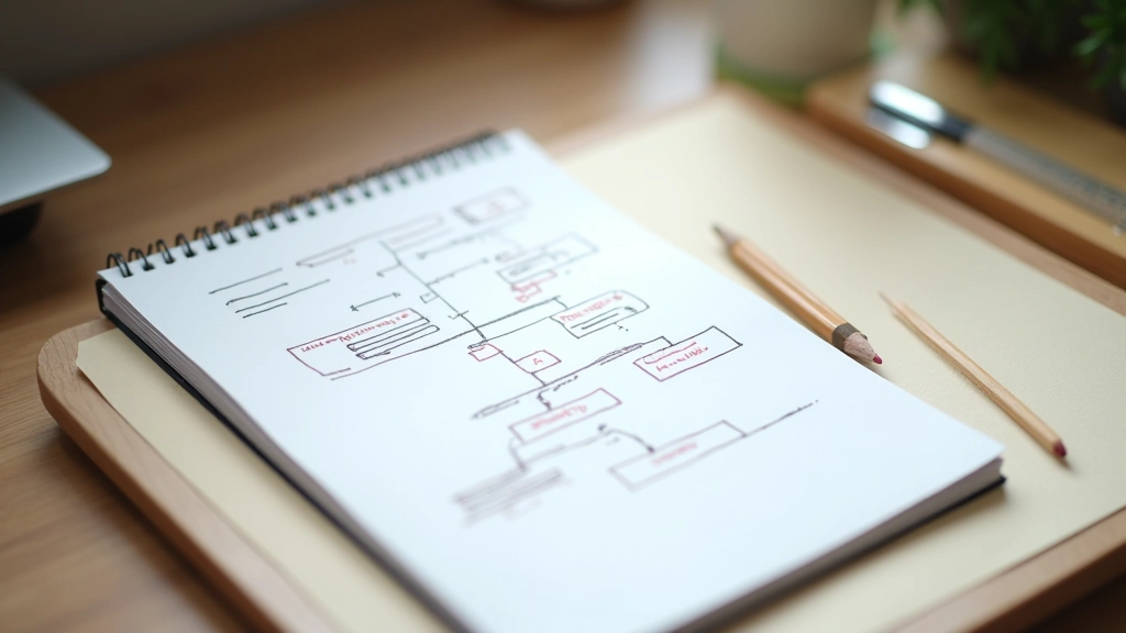 Notebook with hand-drawn sitemap structure and information hierarchy diagram on wooden desk